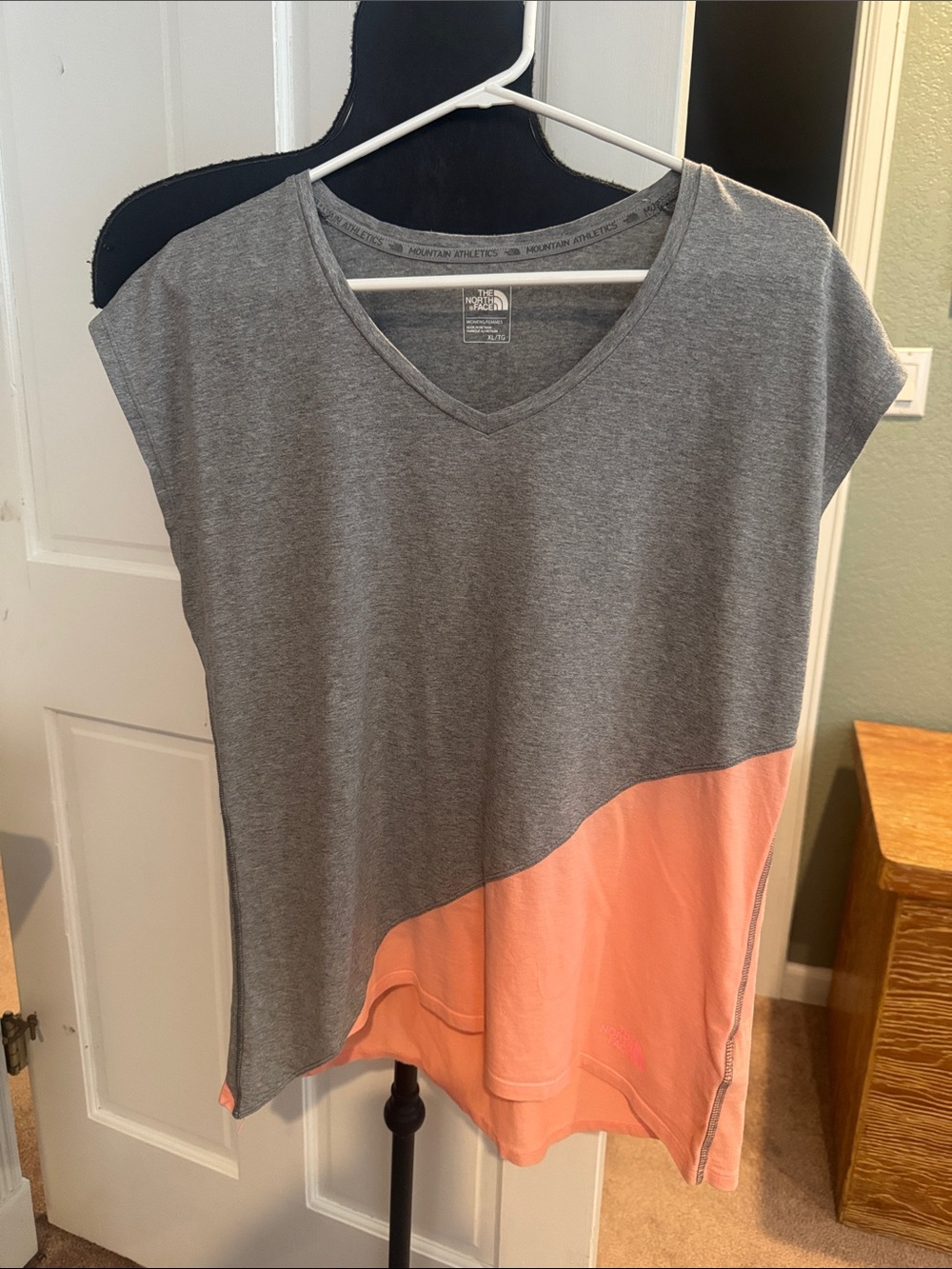 The North Face Women’s Gray and Coral Colorblock Short Sleeve Tee